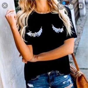 Ellison Black with Pearl and Silver Sequins Eyelash T shirt, Size Large